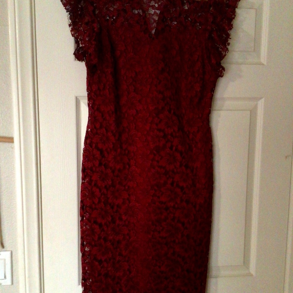lace shift dress high neck red